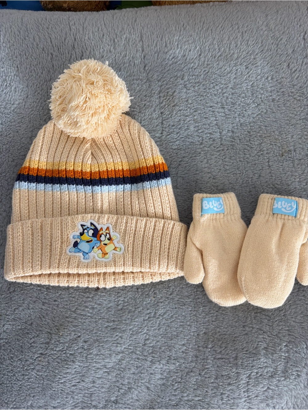 Kids Beige Pom Pom Beanie and Mittens Set with Cartoon Patch
